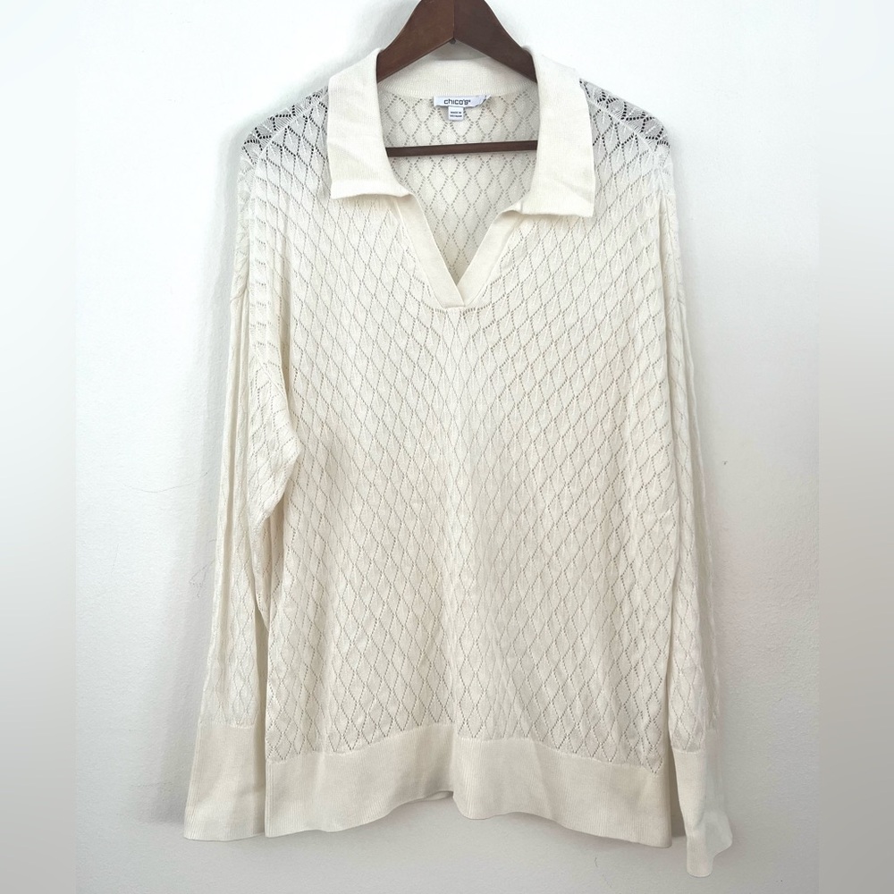 Chico's Sweater Knit Polo Collar Open Weave Lightweight Cream Color Size 3 (XL)